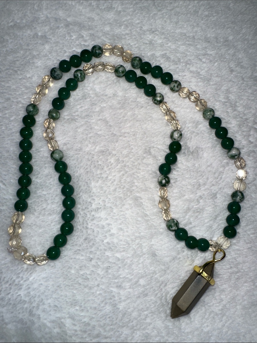Leprechaun’s Gold Necklace (Tree Agate, Emerald Jade, Cream Crystals & Pyrite)
